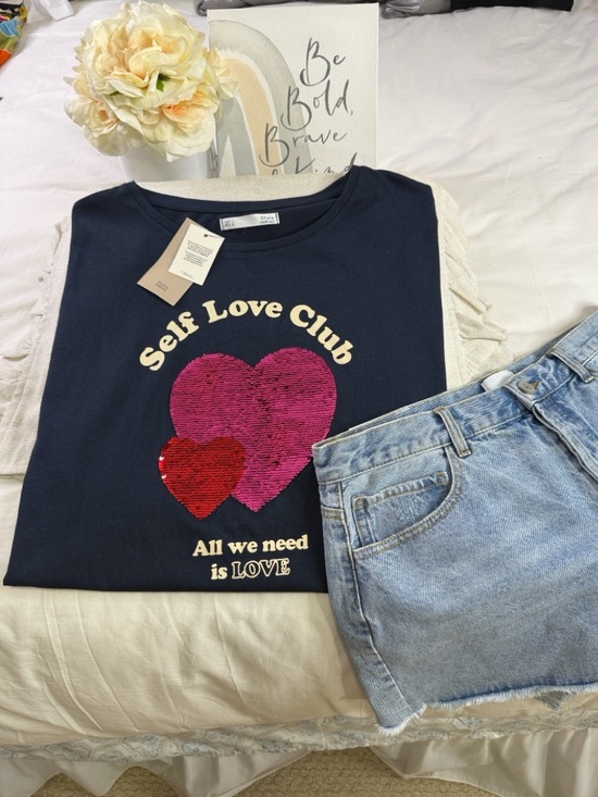 Sfera Tops - Self Love Club Blue Tee Sequin Graphic enbroided Tee